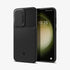 ACS05639 - Galaxy S23 Ultra Case Optik Armor in black showing the back with lens protector slot open